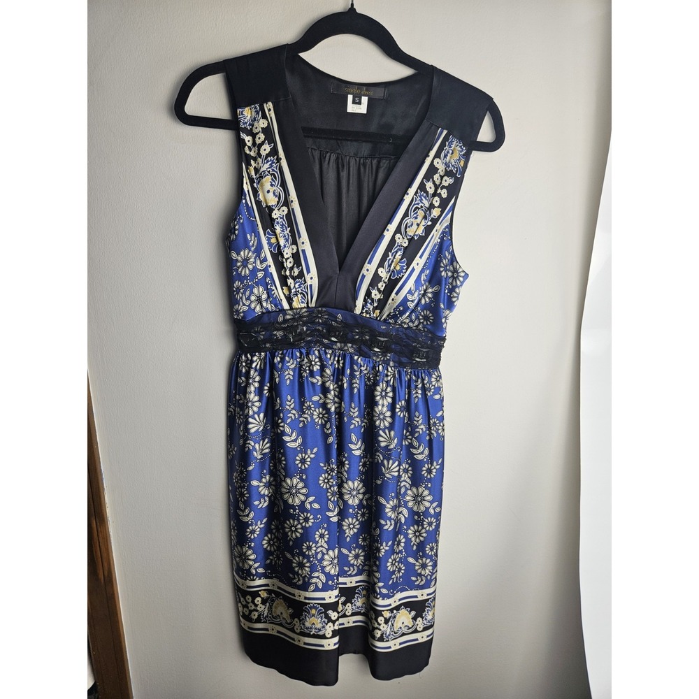 NWOT Single Dress Silk Dress‎ Size Small Low V Lined Blue Black Floral